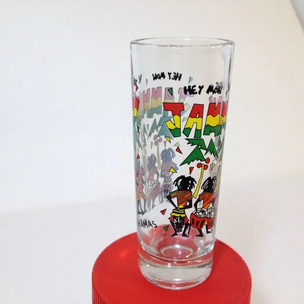 Vintage Bahamas Hey Mon We Be Jammin Shooter Shot Glass Embossed Designs