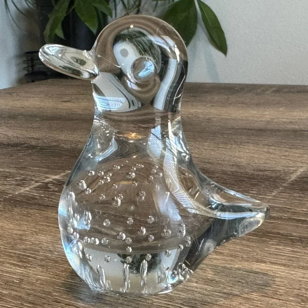Vintage Blown Glass Clear Duck Paperweight Glass Animal