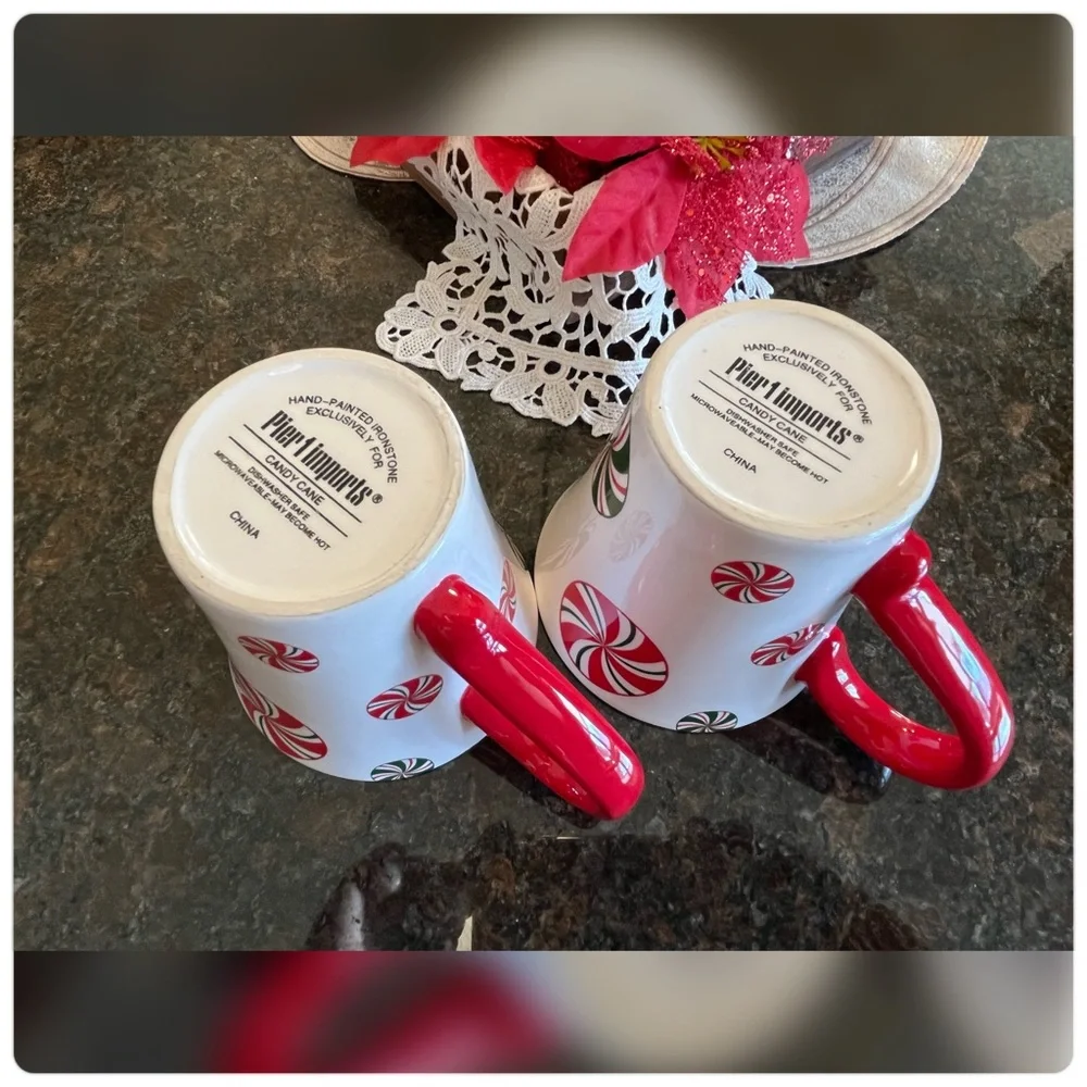 Pier 1-Hand Painted Pair of ‘Candy Cane’ Mugs-EUC!!!
