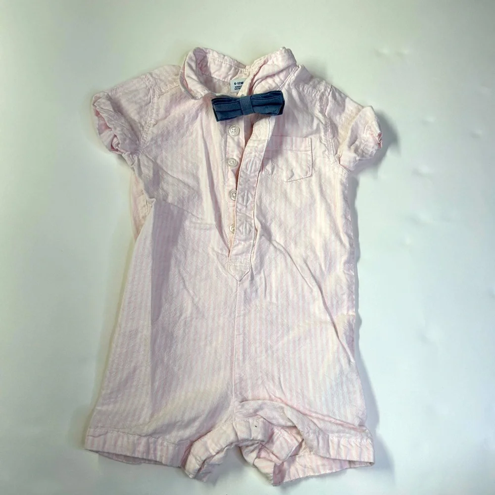 Old Navy Baby Boy Pink Striped Romper with Bow tie