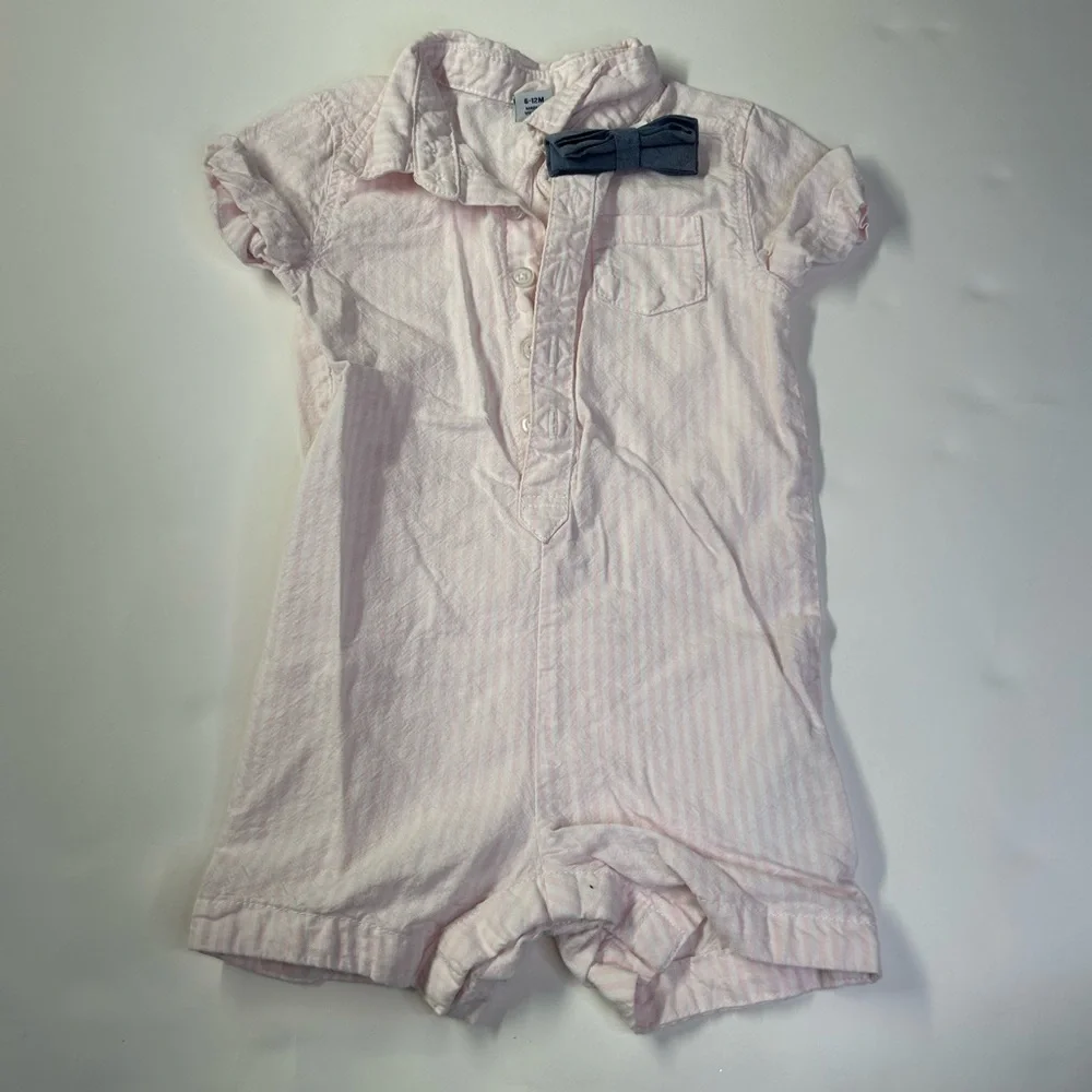 Old Navy Baby Boy Pink Striped Romper with Bow tie