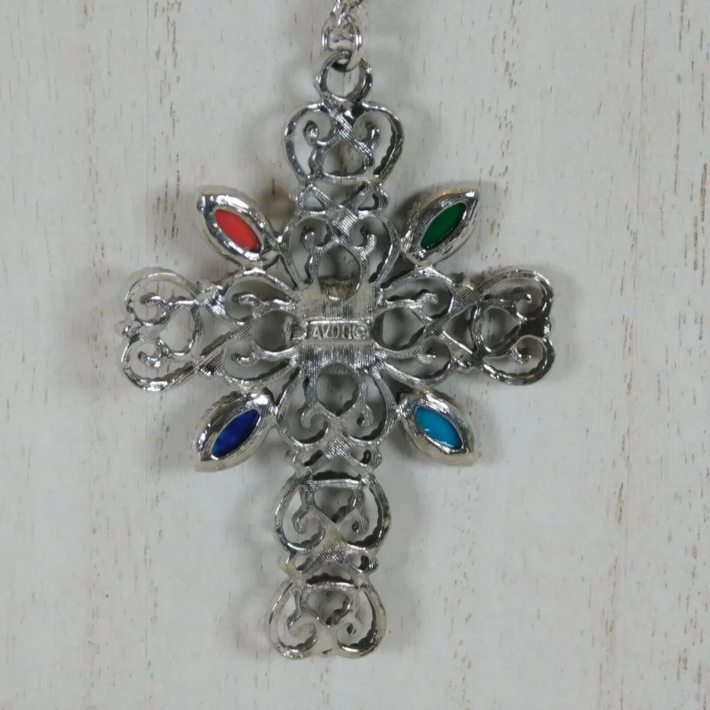 Avon 1972 Romanesque Silver Tone Faux Stone Cross Pendant Necklace Jewelry Vtg
