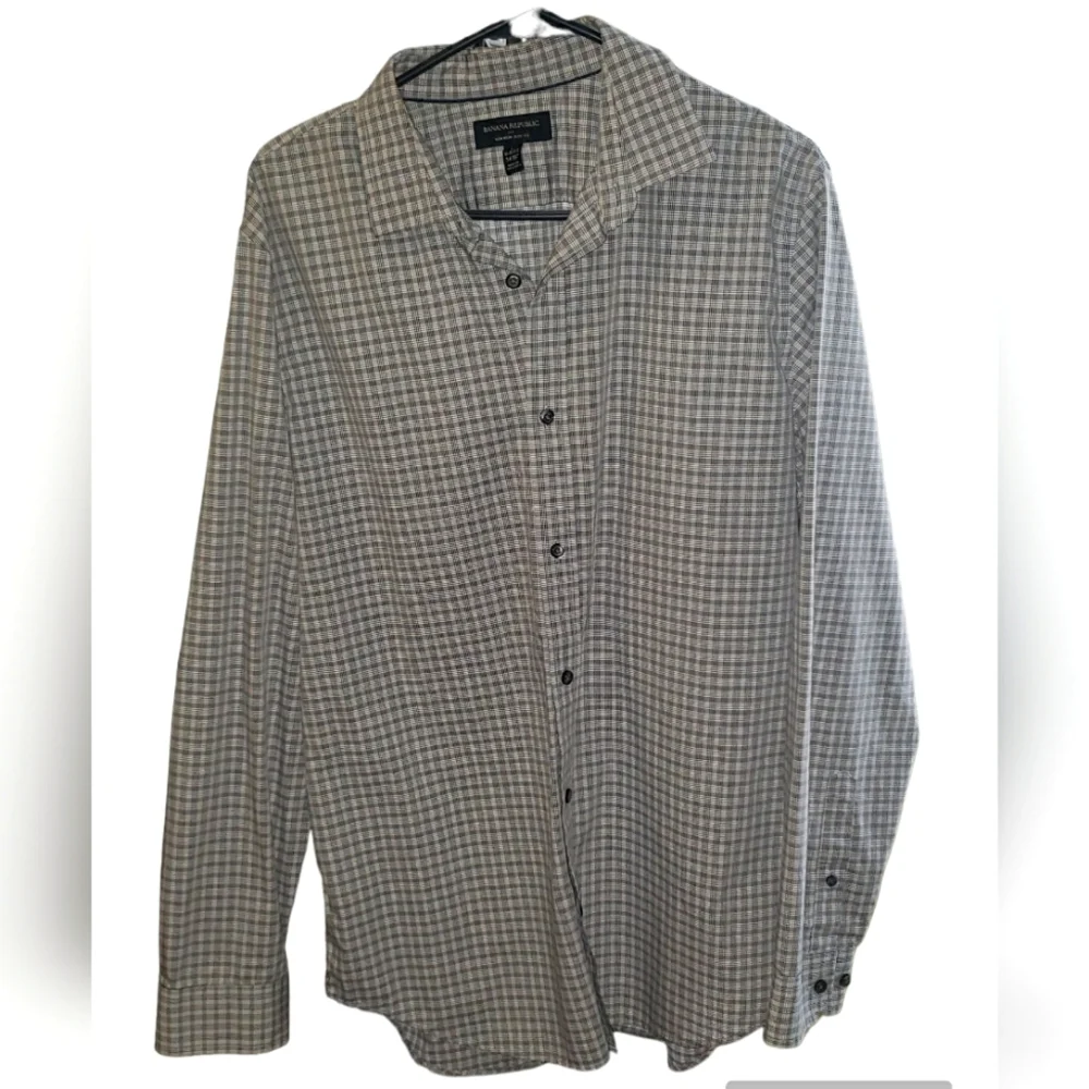 Banana Republic Non-Iron Slim Fit L 16-16.5 34-35 grey white plaid