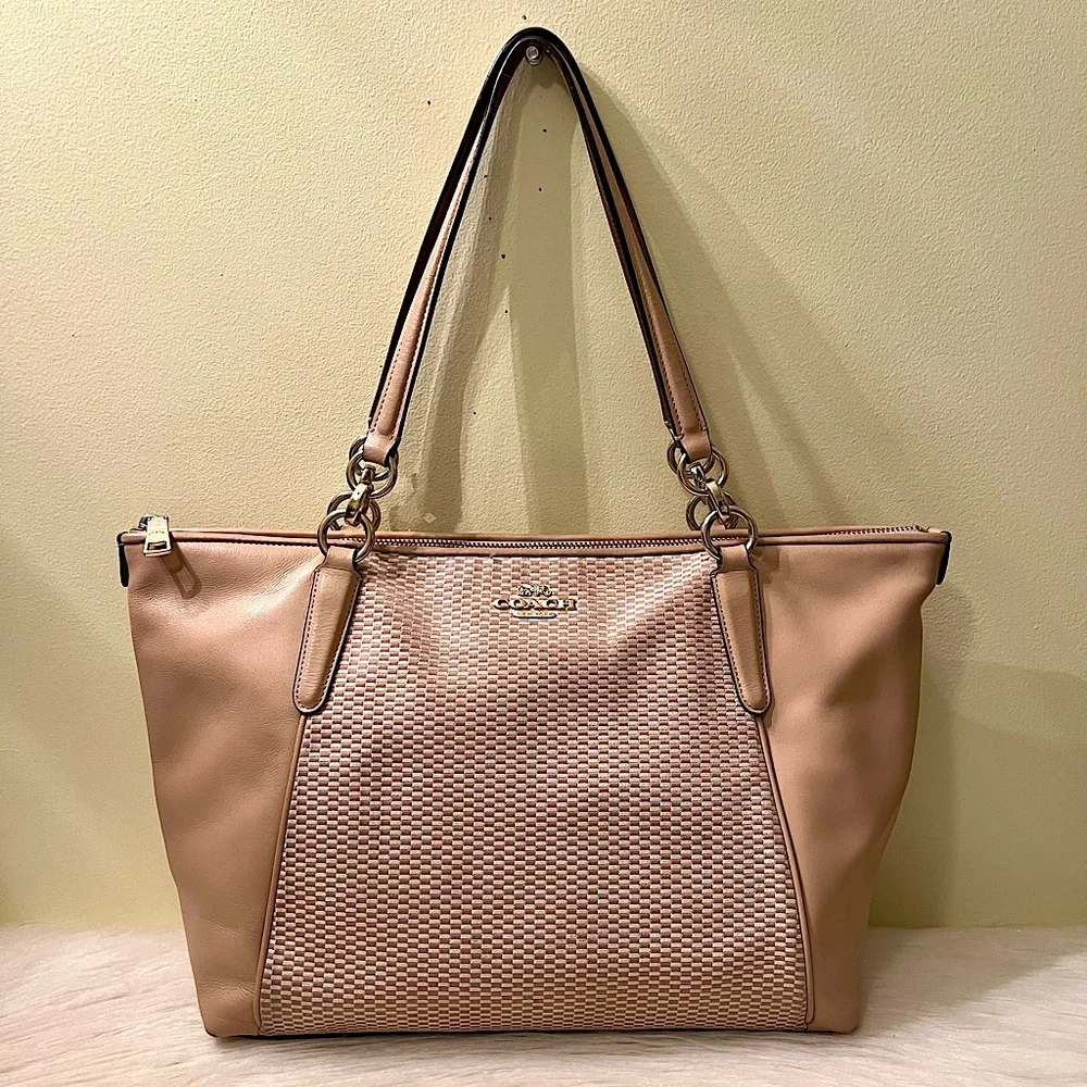 Coach Ava Legacy Jacquard Checkered Smooth Leather Color-Block Tote Bag