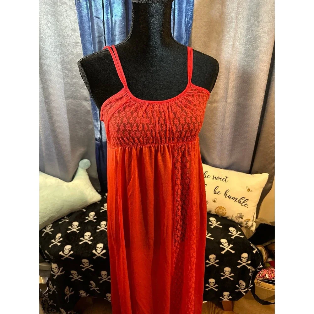 Vintage Med Undercover Wear Red Long Lace Silky Nylon Goddess Nightgown