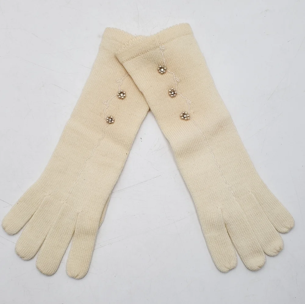 Vintage Shalimar Wool Beaded Gloves Ivory Japan Womens M New See Description