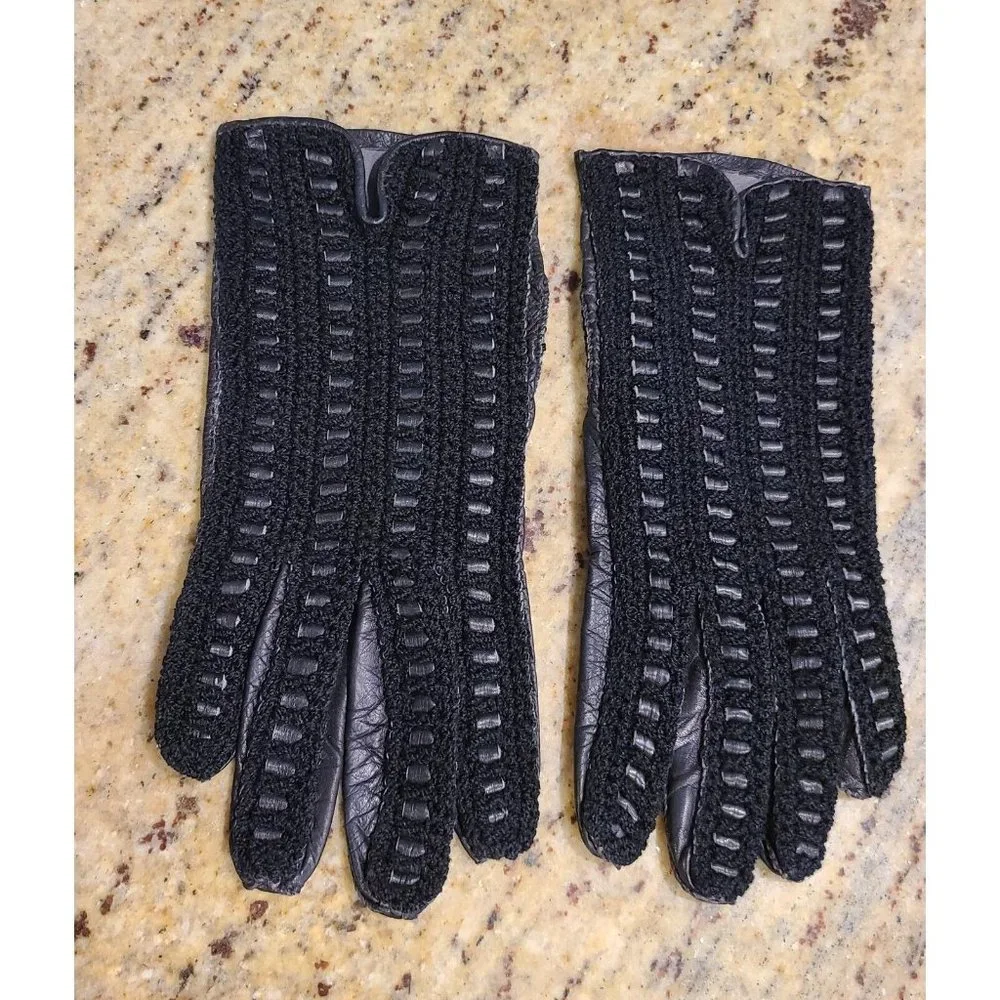 Vintage Size M 7 Black Leather And Knit Handmade Gloves Hammer Of Hollywood