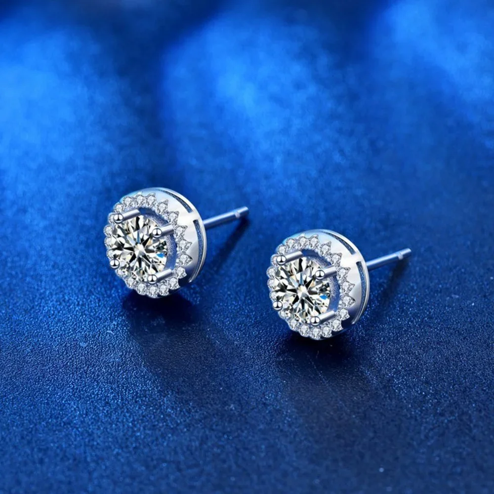 Certified 1ct. t.w. Moissanite Diamond Round Halo Stud Earrings NEW