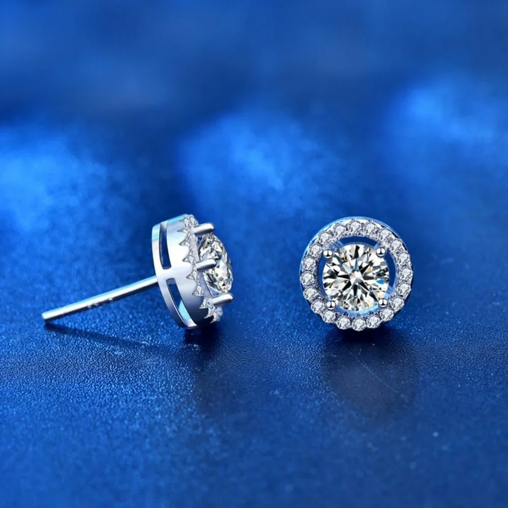 Certified 1ct. t.w. Moissanite Diamond Round Halo Stud Earrings NEW