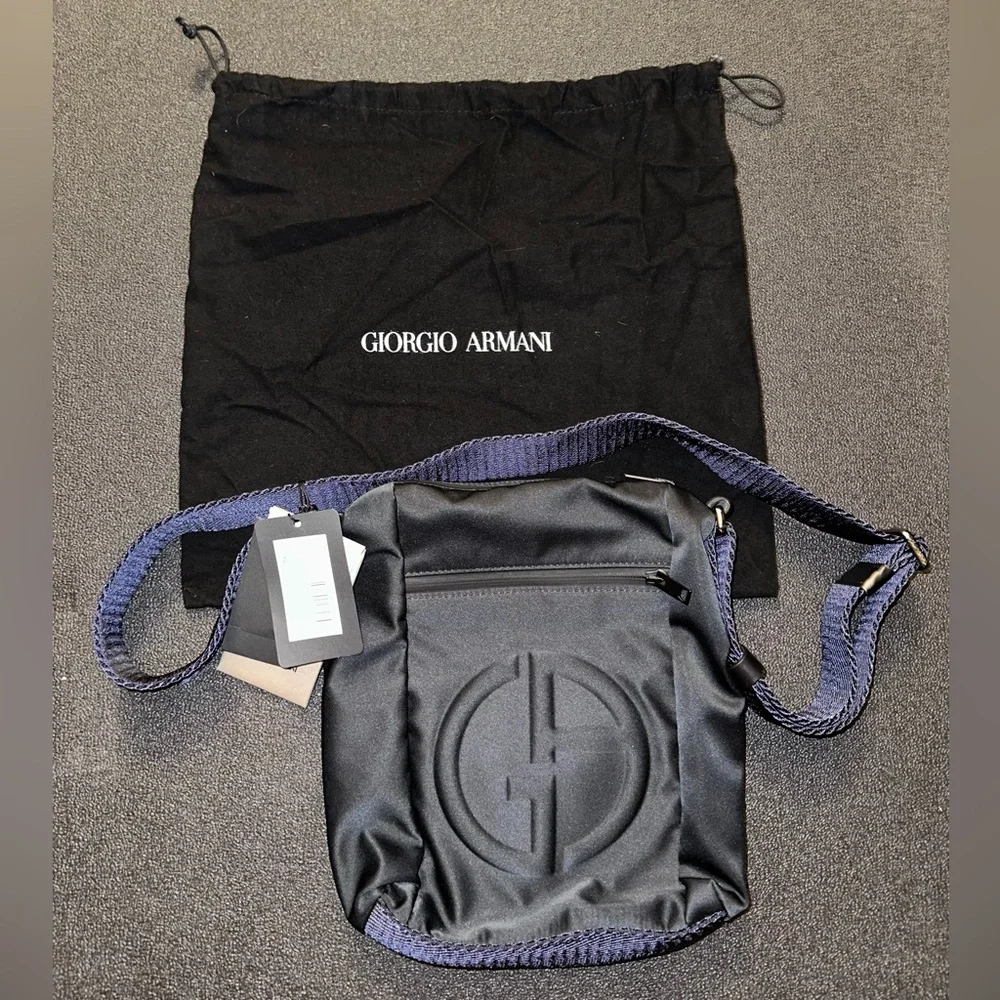 Authentic Giorgio Armani Black Embossed Logo Messenger Bag