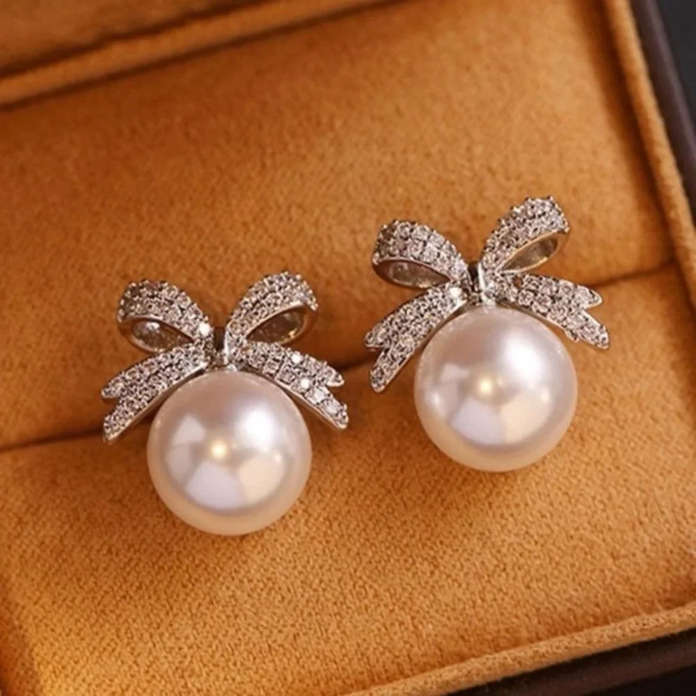 Silver Pearl Rhinestone Bow Decor Stud Earrings For Women Jewelry Gift Wedding
