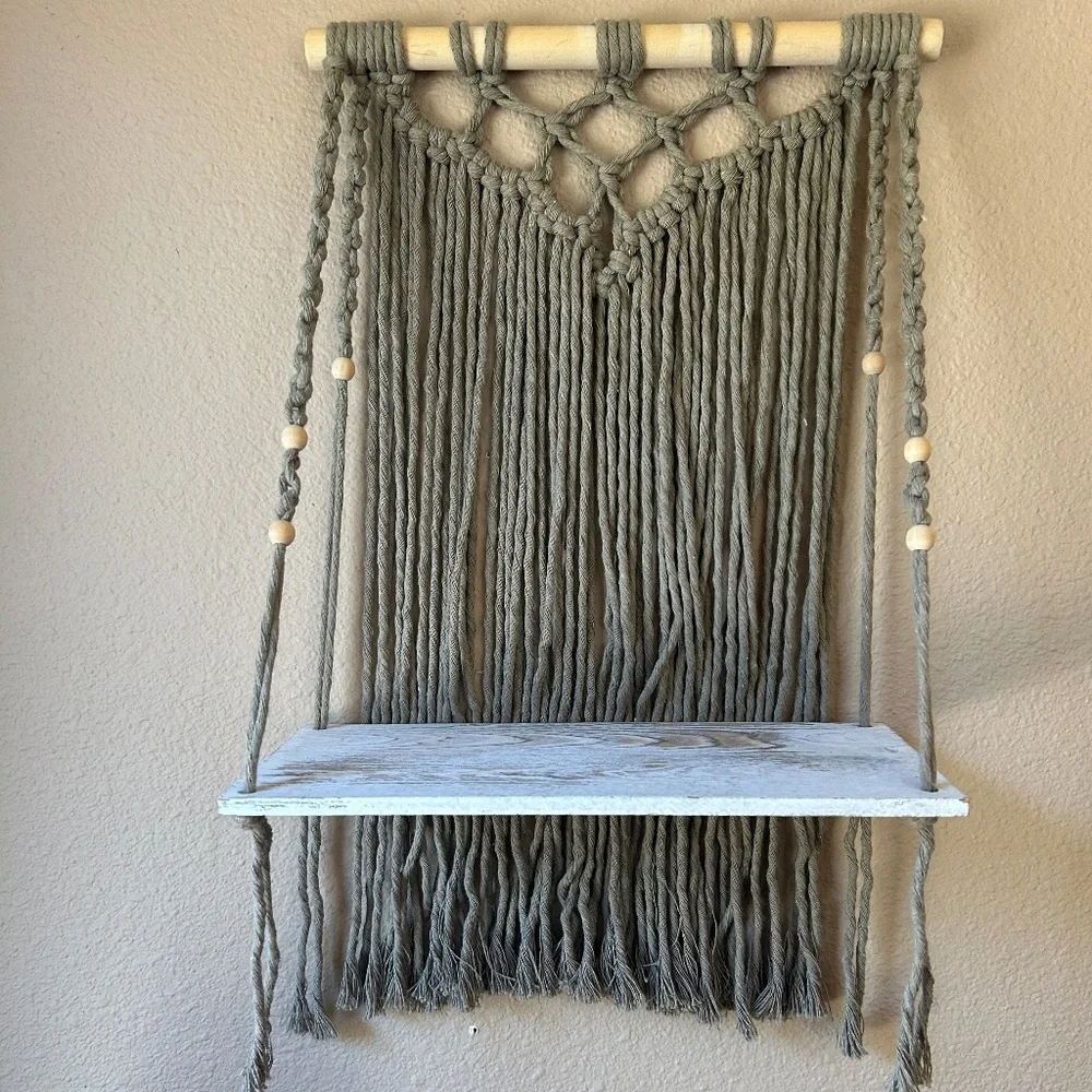 Hand-made Macrame Hanging in Sage/Grey With Whitewash Shelf
