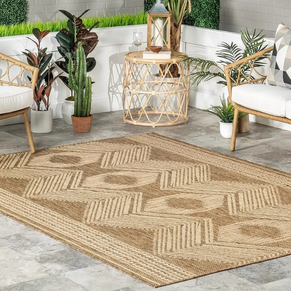 NEW West Elm Tan Woven Boho Jute Style Geometric Indoor Outdoor Area Rug 7' x 9'