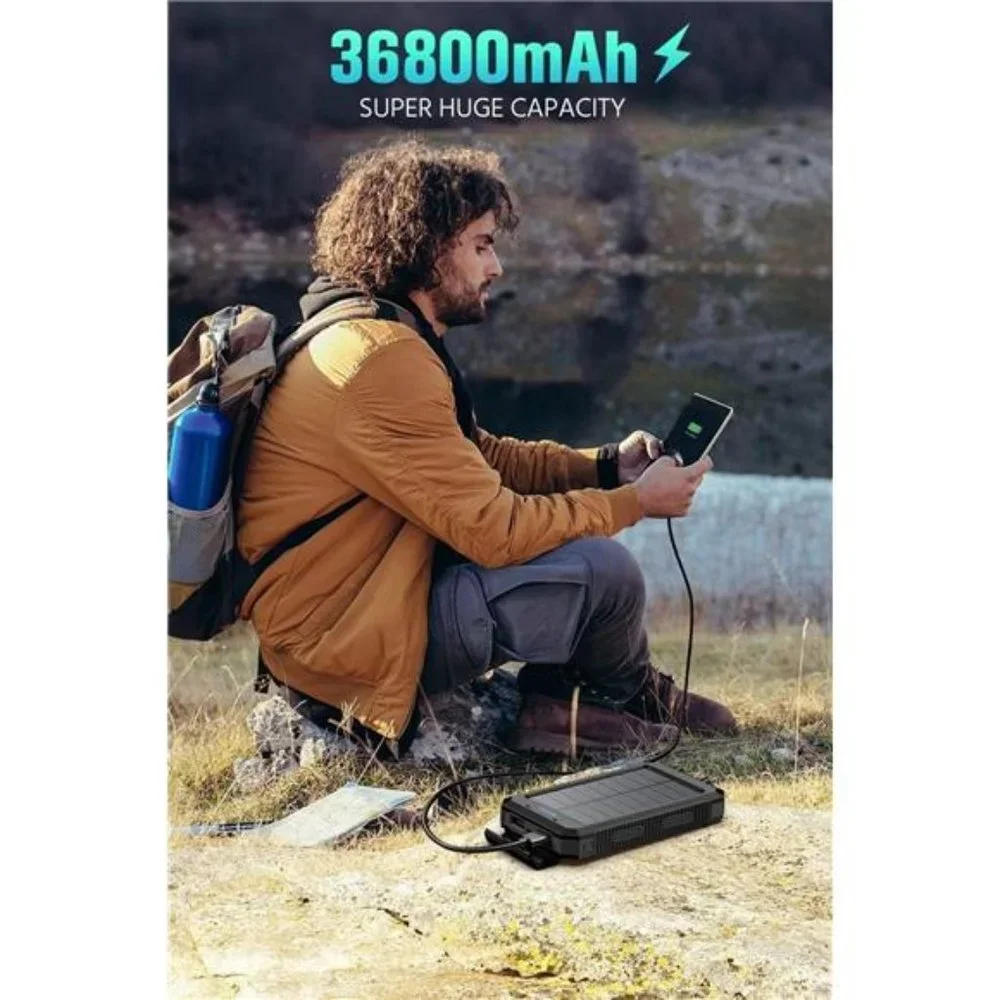 Solar Power Bank - 36800mAh Portable Charger Dual USB Port, Black