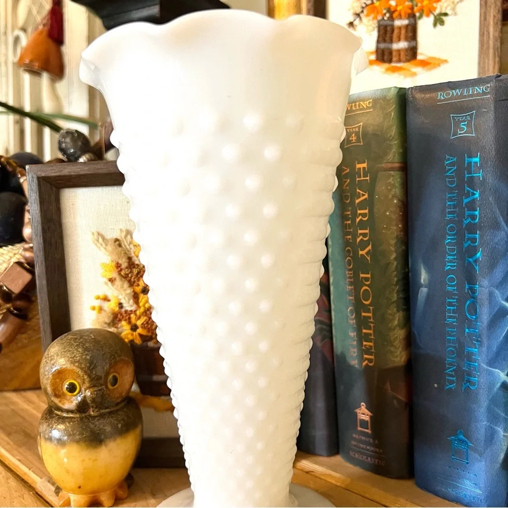 Vintage Fire King Dots and Dash 9” Tall Milkglass Vase- Mid Century Mod