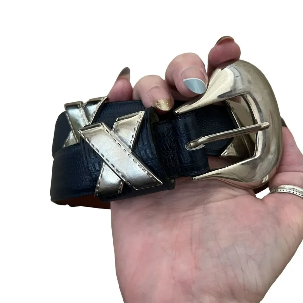 Cipriani Women's Blue Leather Thin Belt with Silver Hardware Detail - Size Small