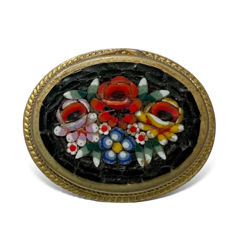 Vintage Micro Mosaic Black Multicolor Floral Goldtone Oval Brooch Italy