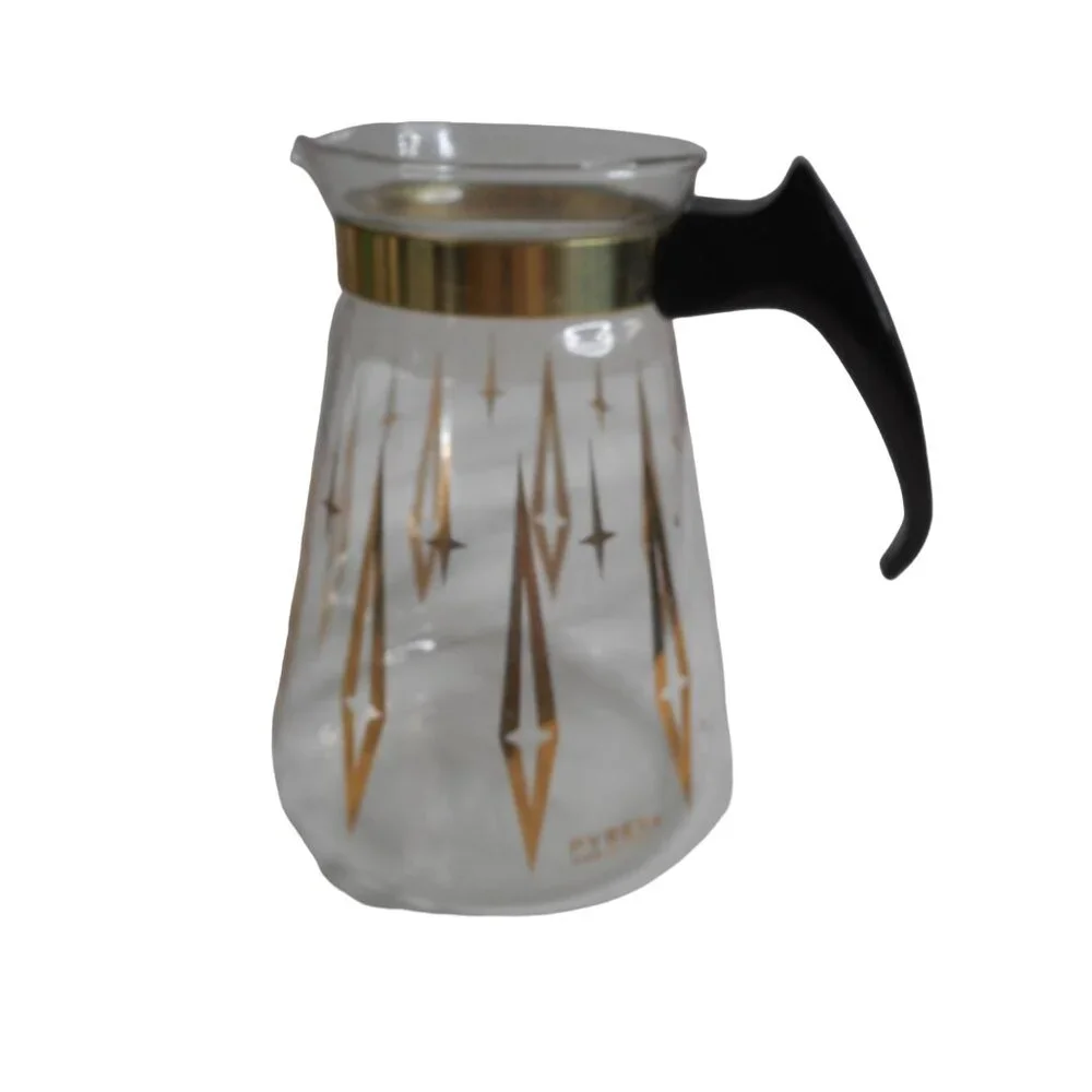 Vintage MCM Pyrex Atomic Gold Coffee Tea Juice Pitcher Carafe Estate Find