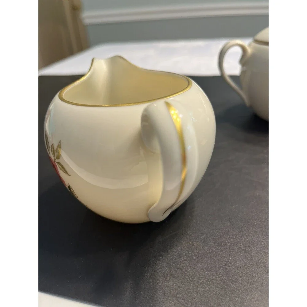 Vintage Lenox Roselyn Floral Pink Rose Gold Trim Creamer & Sugar Bowl w/ Lid