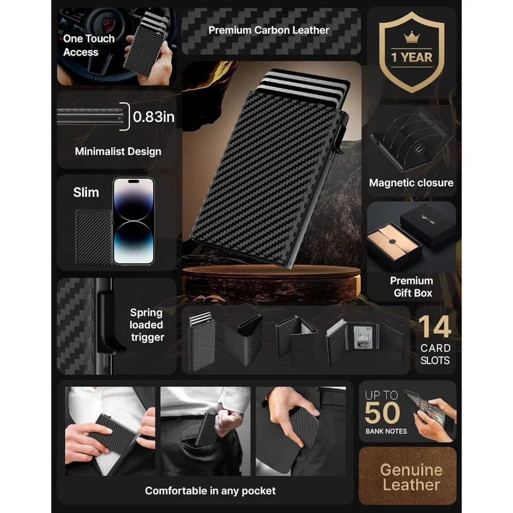 Mens Wallet Card Holder: Pop Up Aluminum Case, Genuine Leather, Smart, RFID