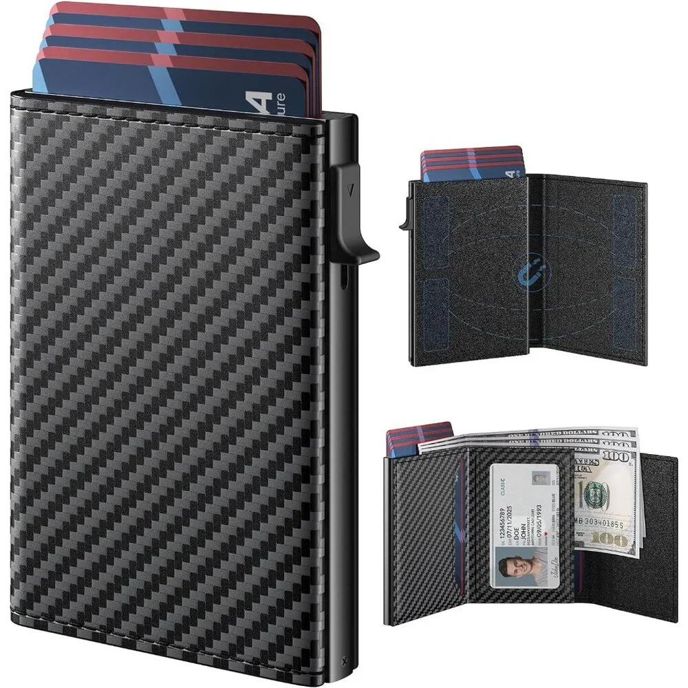 Mens Wallet Card Holder: Pop Up Aluminum Case, Genuine Leather, Smart, RFID