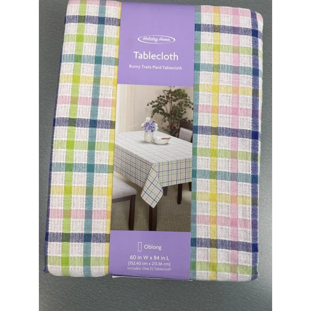 HOLIDAY HOME Spring Easter Cotton Yellow Pink Plaid Tablecloth OBLONG 60''X8