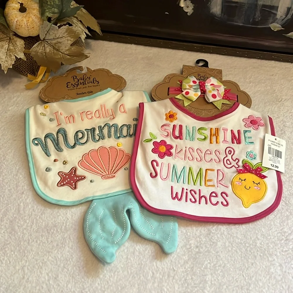 NWT 2 Baby Bibs, 1 with Headband