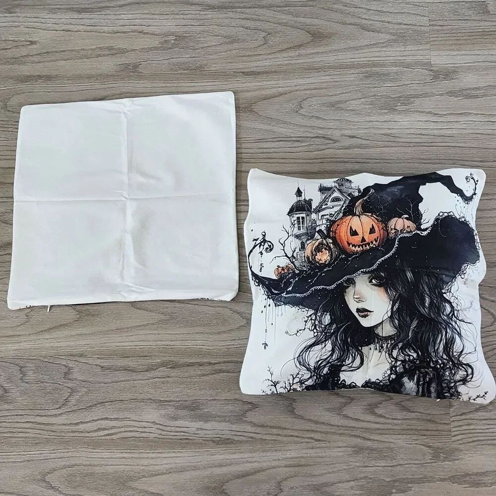 Halloween Gothic Witch Throw Pillow Covers Hat w/Pumpkins Zip Closure Set Of 2