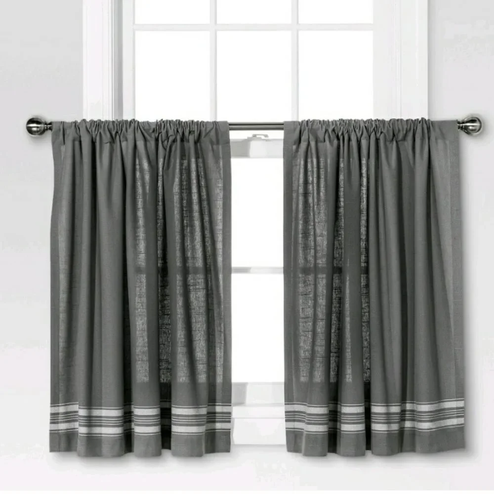 Striped curtain tiers grey with stripe cafe style pair
