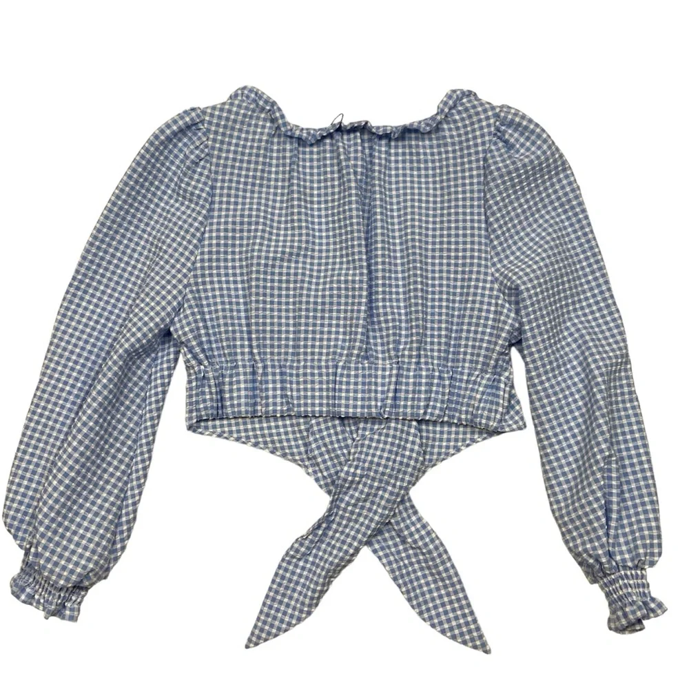 NWT ZARA Blue White Gingham Coquette Long Puff Sleeves Crop Top NWT XS