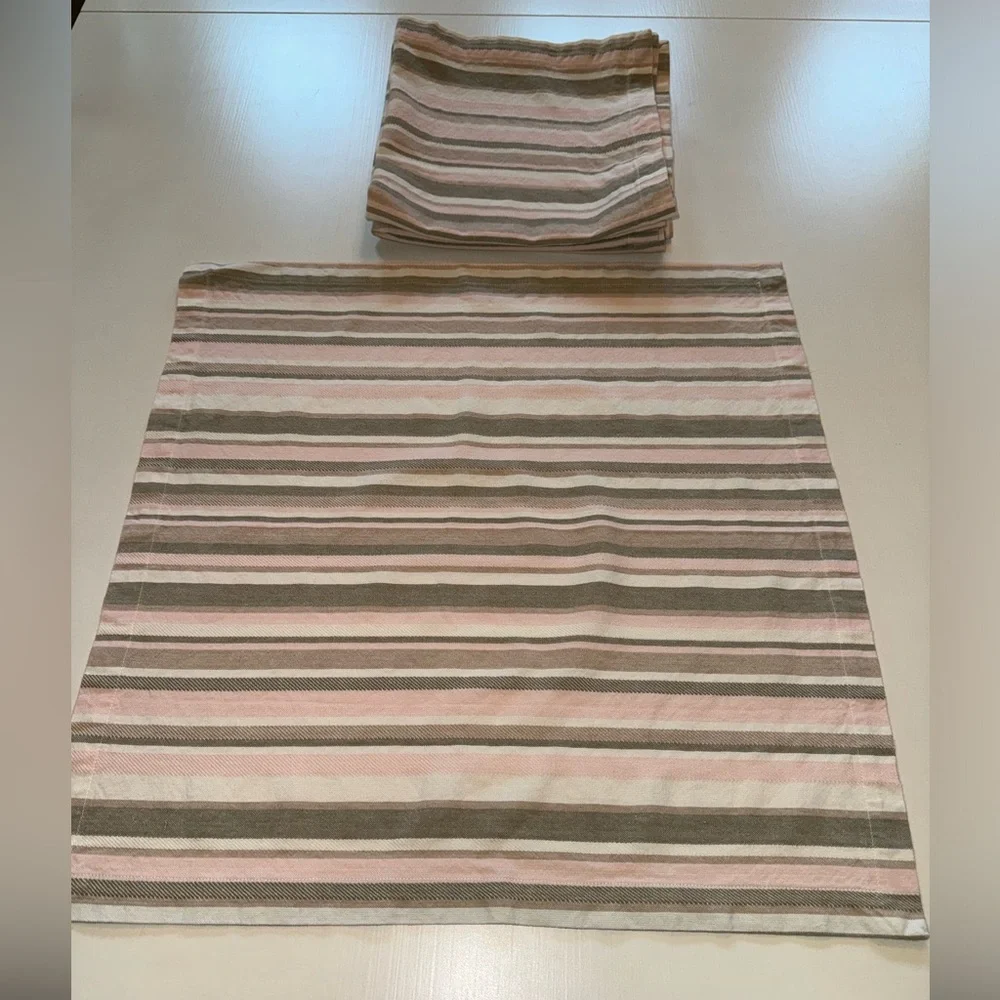 West Elm Linen Pink/Taupe/White striped Napkins or Place Settings.