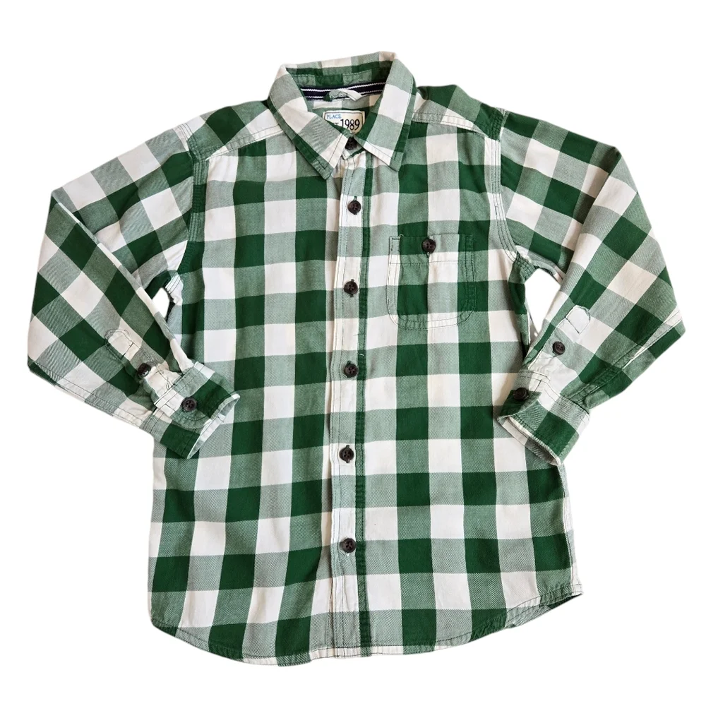 The Children's Place green and white plaid button down shirt size small 5/6