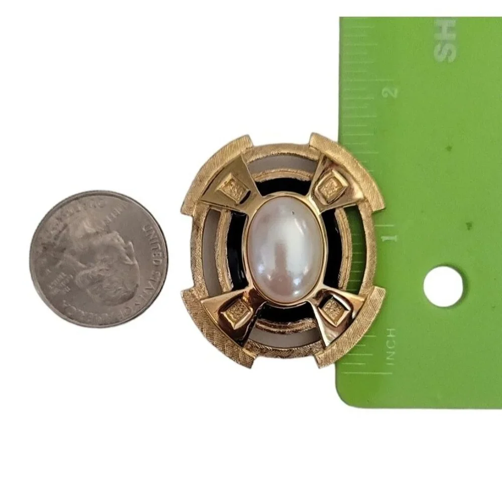Richelieu Gold Tone Black Enamel Faux Pearl Brooch, Signed M858