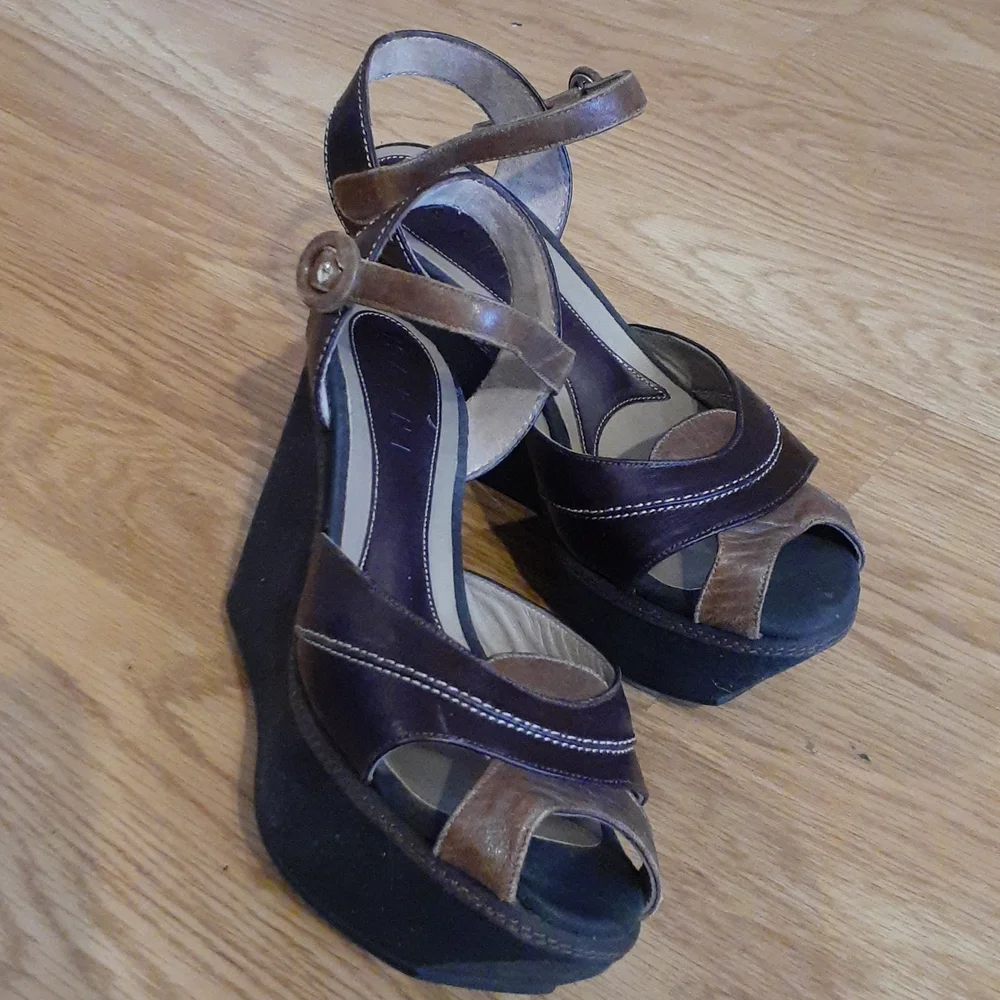 MARNI Brown Leather Platform Wedges Sandals Sz 37/7