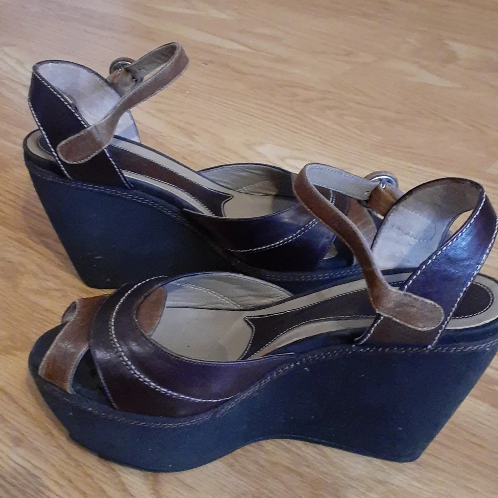 MARNI Brown Leather Platform Wedges Sandals Sz 37/7