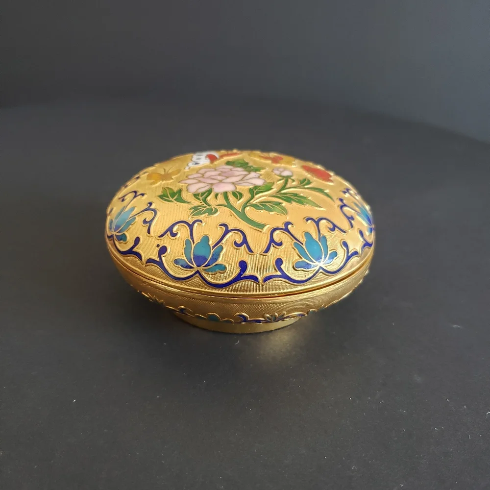 #Vtg Round Cloisonne Enamel Floral Butterfly Trinket Box Blue Robin Egg