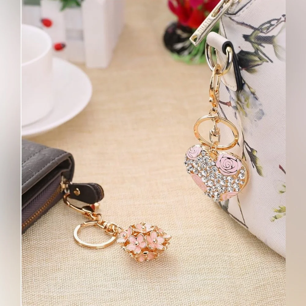 ❌SALE❌NIP LARGE Flower Ball Pink Keychain and Sweet Love Heart Rose Crystal, 2