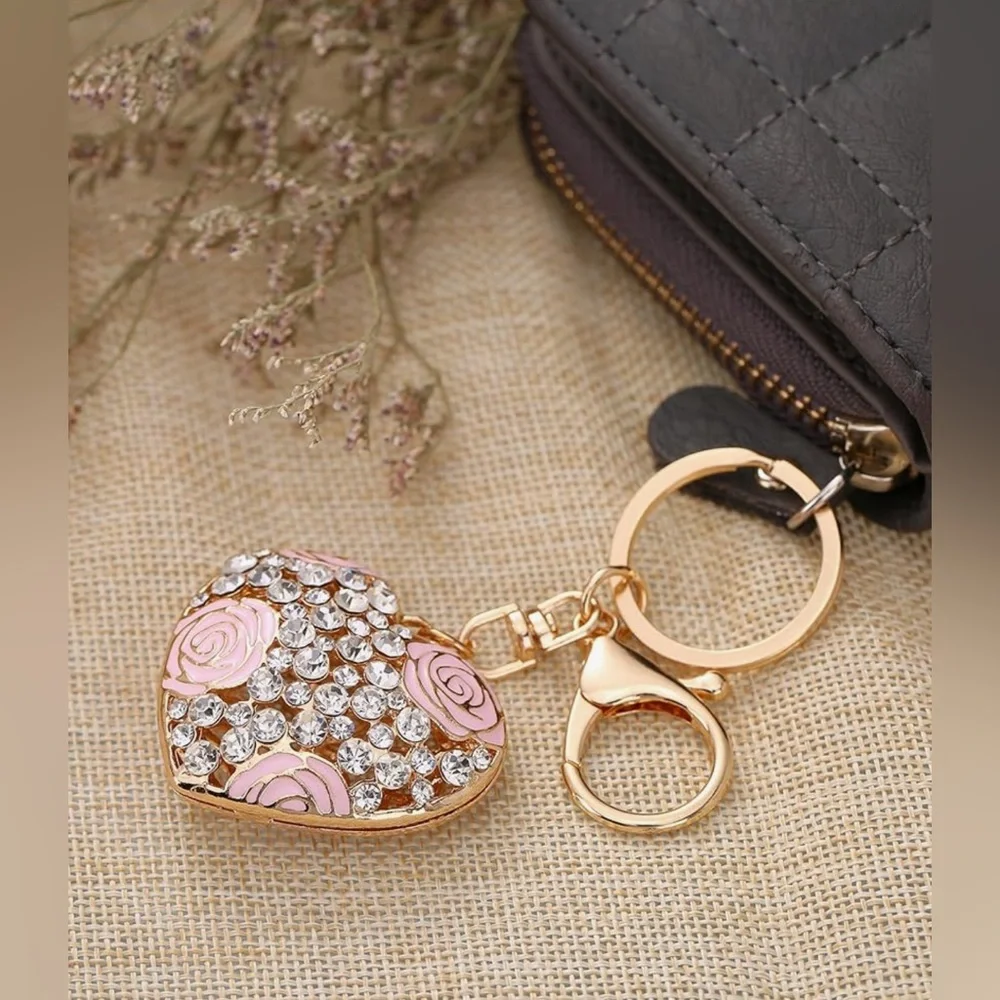 ❌SALE❌NIP LARGE Flower Ball Pink Keychain and Sweet Love Heart Rose Crystal, 2