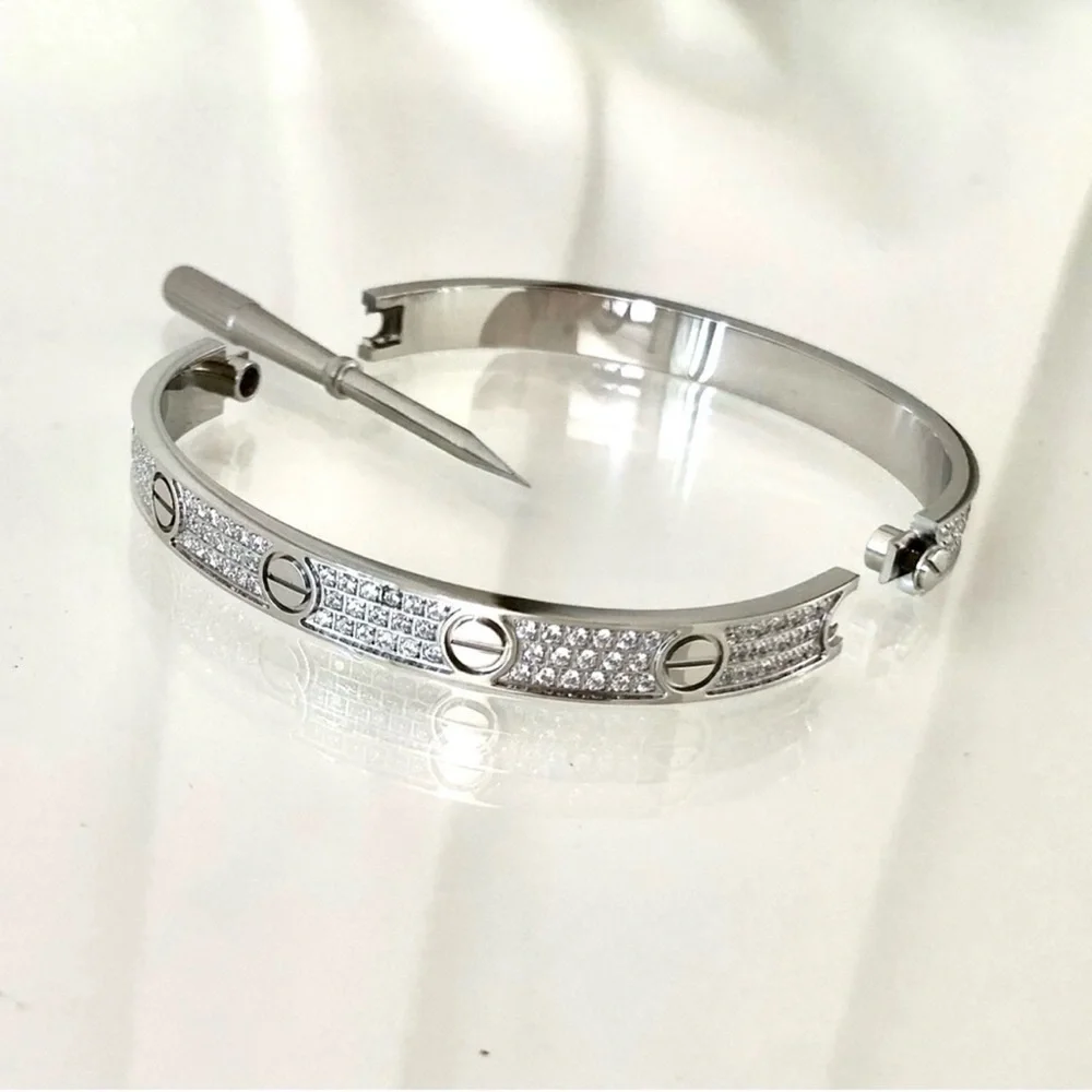 Generic Stainless Steel Pave Diamond Screw Cuff Bangle Bracelet with Screwdriver