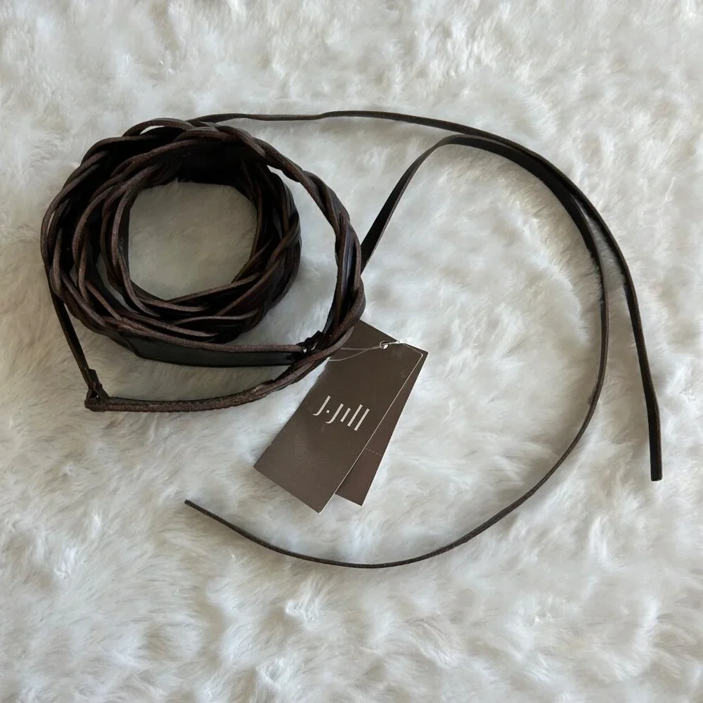 NWT J. Jill Dark Brown 100% Leather Woven Braided Tie Belt - XL