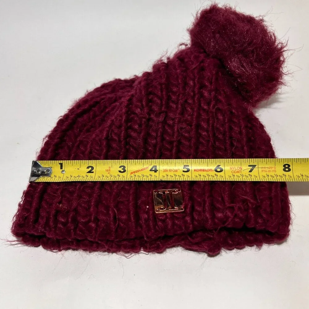 Justice Youth Maroon Knit Beanie Hat Faux Fur Pom Ski Snow Winter Girls Outdoor