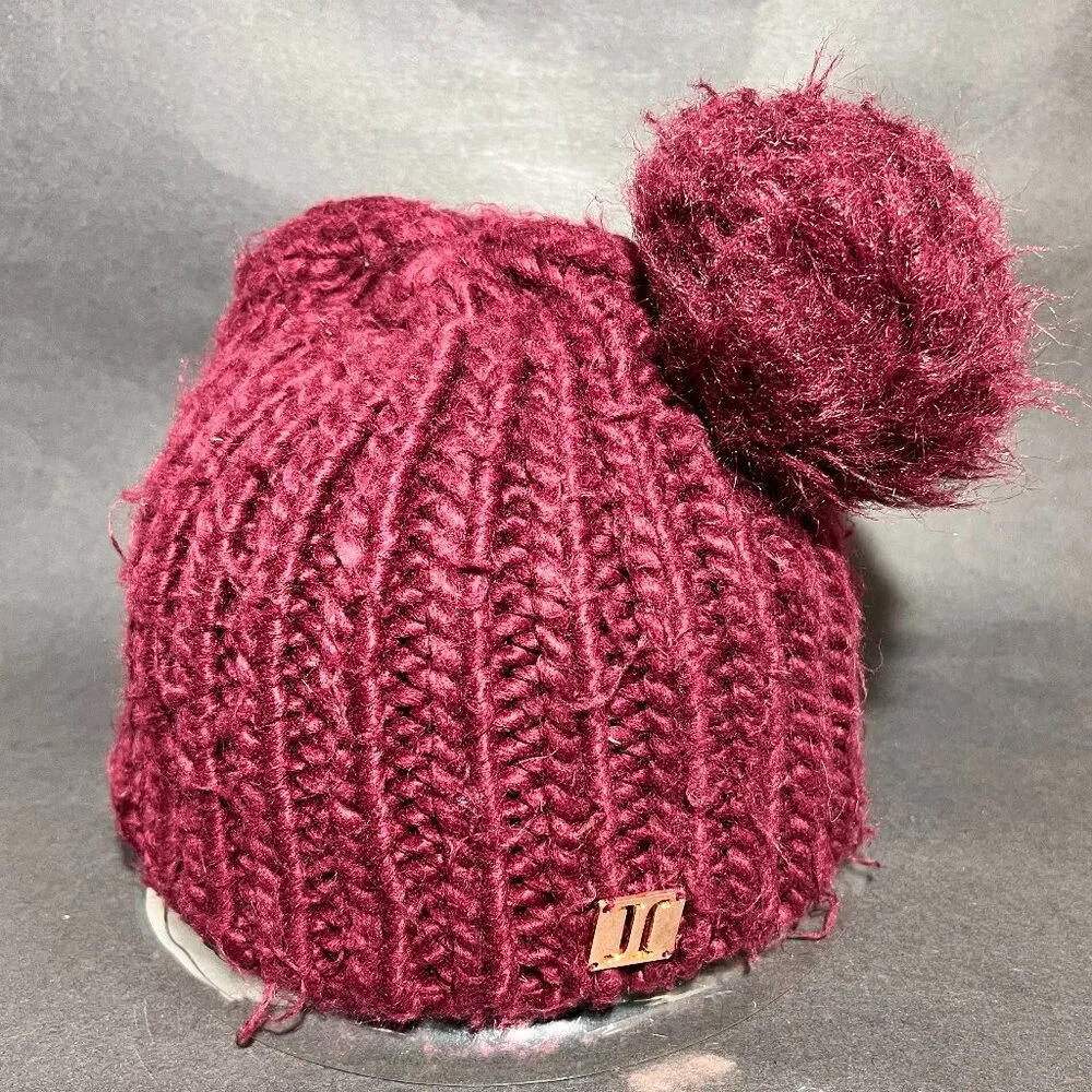 Justice Youth Maroon Knit Beanie Hat Faux Fur Pom Ski Snow Winter Girls Outdoor