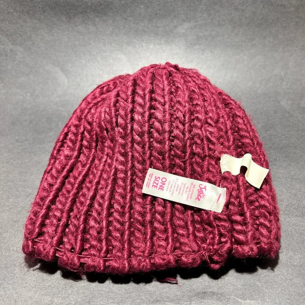 Justice Youth Maroon Knit Beanie Hat Faux Fur Pom Ski Snow Winter Girls Outdoor