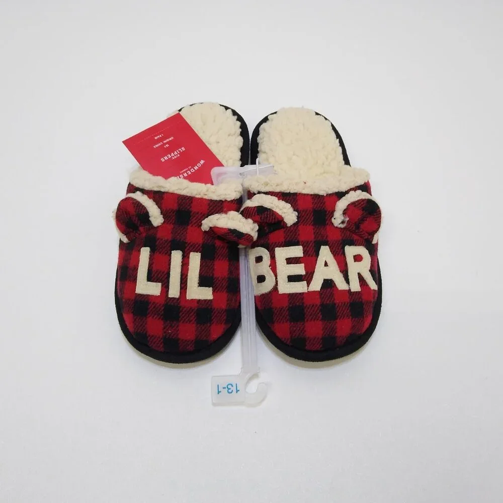 Wondershop Kids Lil Bear Slippers Size 13-1 Red & Black Plaid Faux Fur Lining
