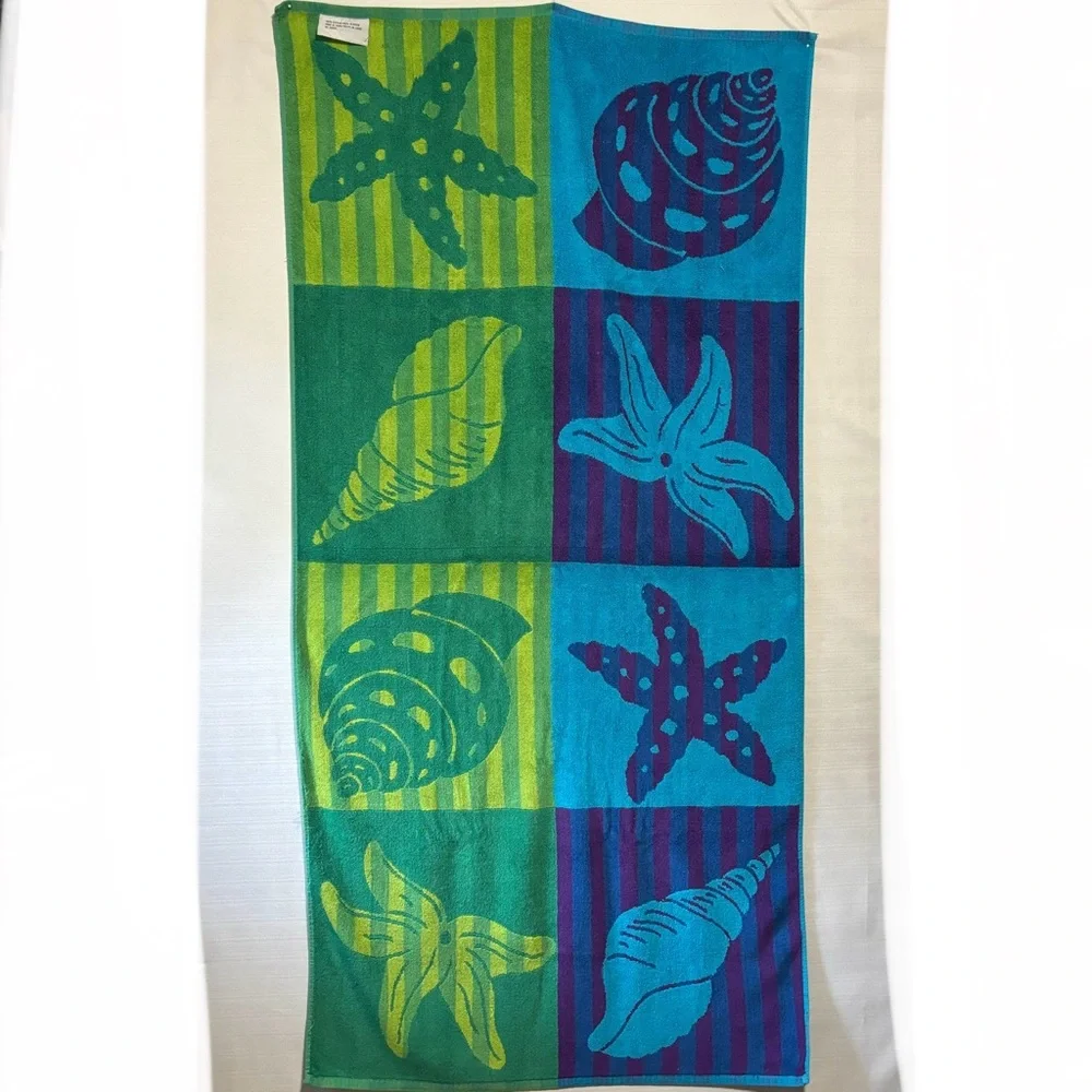 Vtg Beach towel 100% Cotton 27X56 blue green starfish seashells EUC NICE