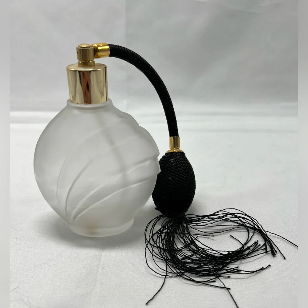 Vintage Frosted Swirl Glass with Black Pump Atomizer & Gold Accents (empty)