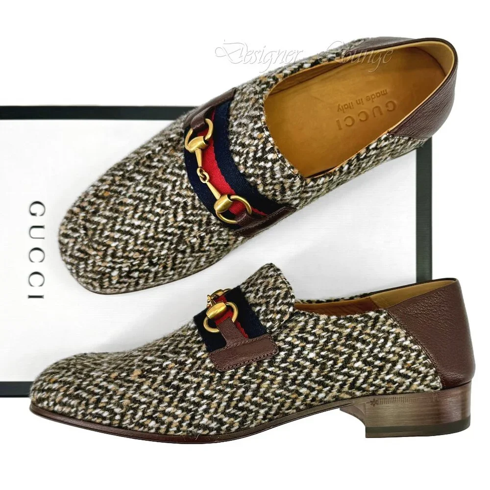 NEW GUCCI Horsebit Herringbone Tweed & Leather Loafers G 8 / US 8.5 Authentic