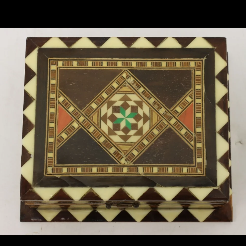 Spanish Vintage Mosaic & Bone Inlay Jewelry music box with key