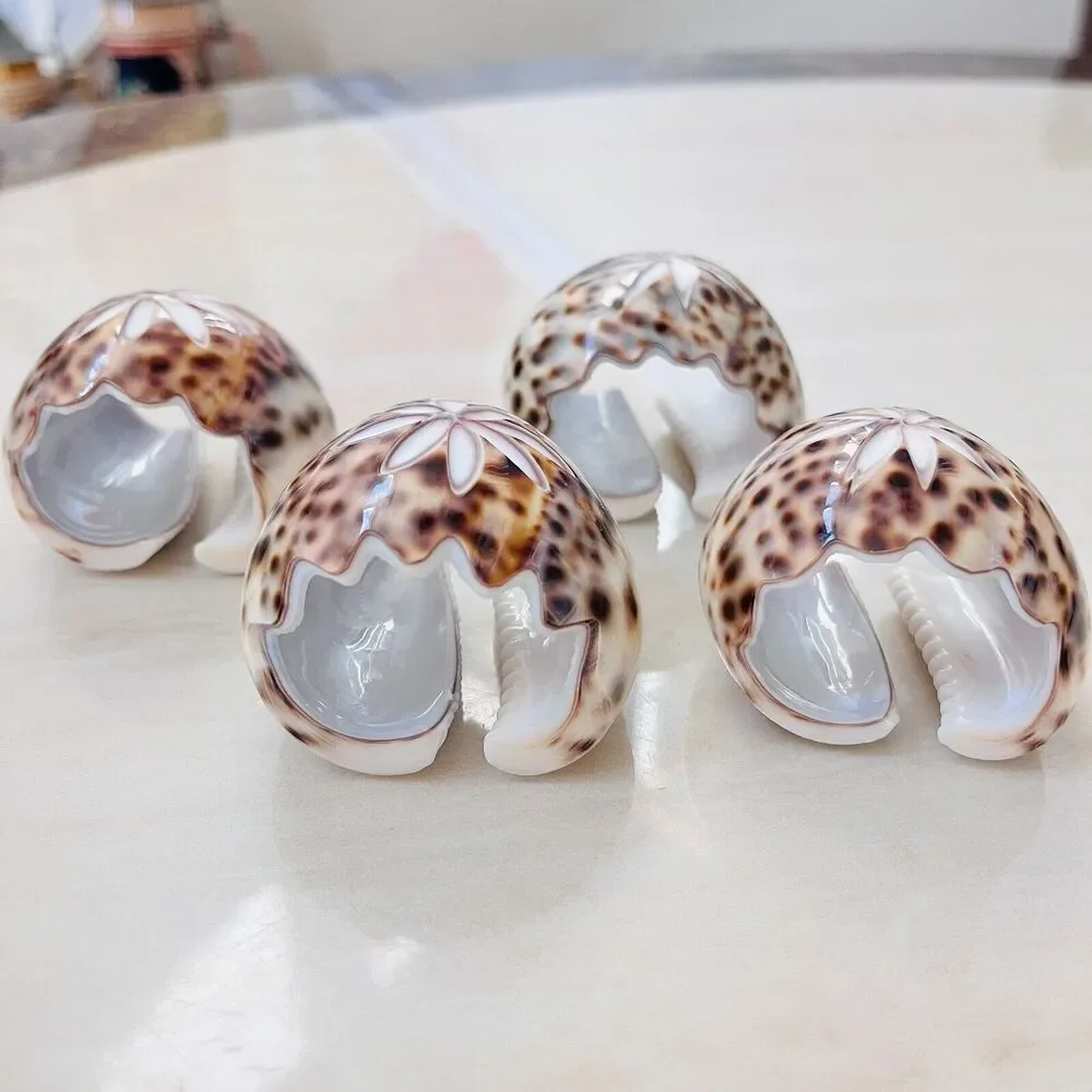 Tiger Cowrie Spotted Shell Napkin Rings Set Of 4 Coastal Beach Serving Table
