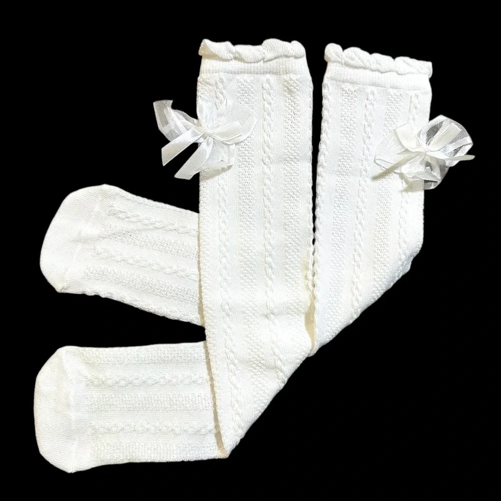 Women’s White Knee Socks w/ Lace Bows Girls Socks NEW